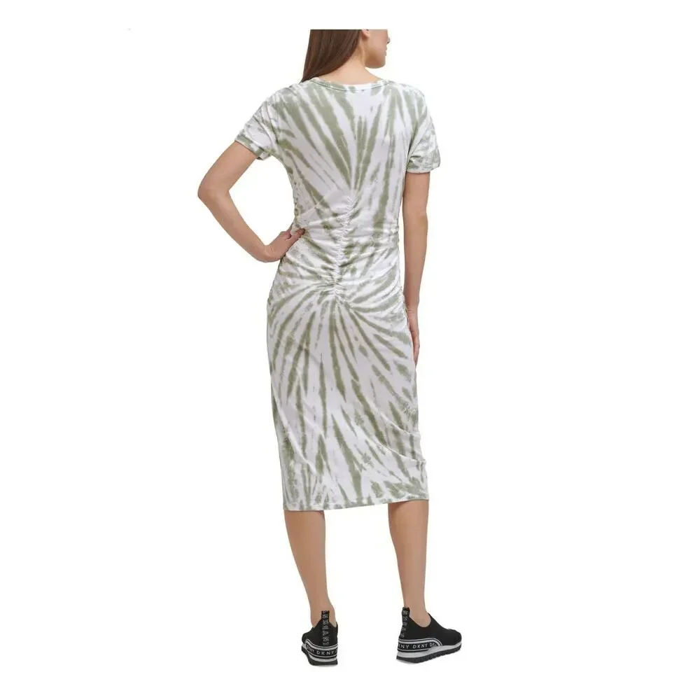 DKNY Sport Womens Ruched Sheath Dress Small Olive White Tie Dye Short Sleeve NWT - Picture 2 of 3